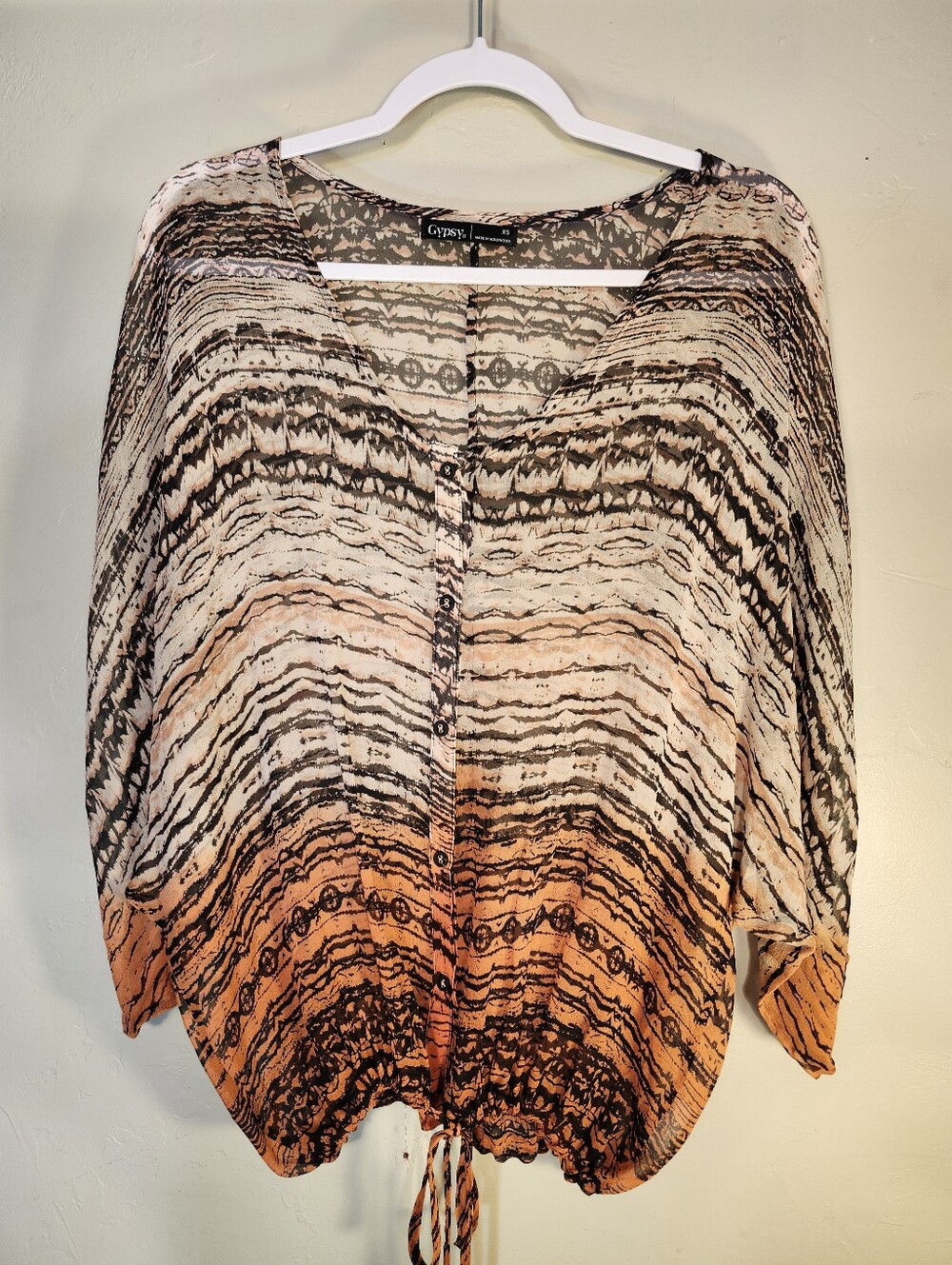 Gypsy 100% Silk Black and Orange Ombre Button-Front V-Neck Blouse